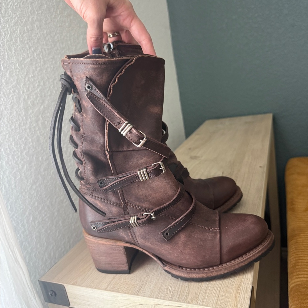 freebird Distressed Brown Leather Buckle Mid-Calf Heeled Boots - Picture 3 of 6